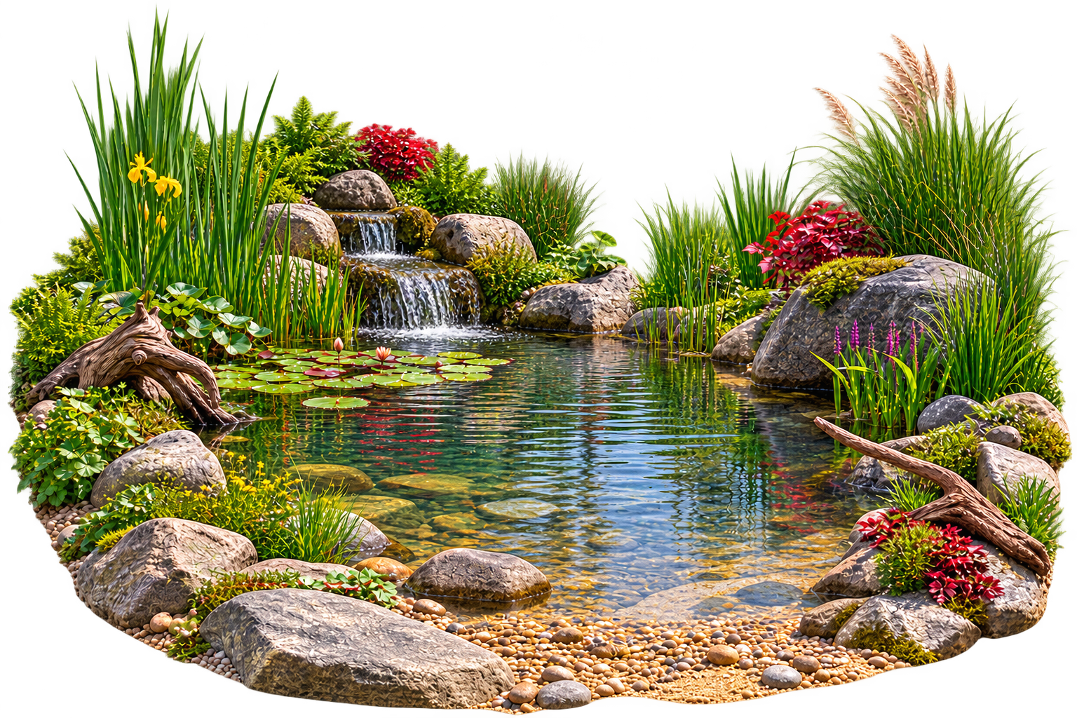 Natürlicher Gartenteich mit Wasserfall, Koi, Seerosen, Teichpflanzen und Natursteinen